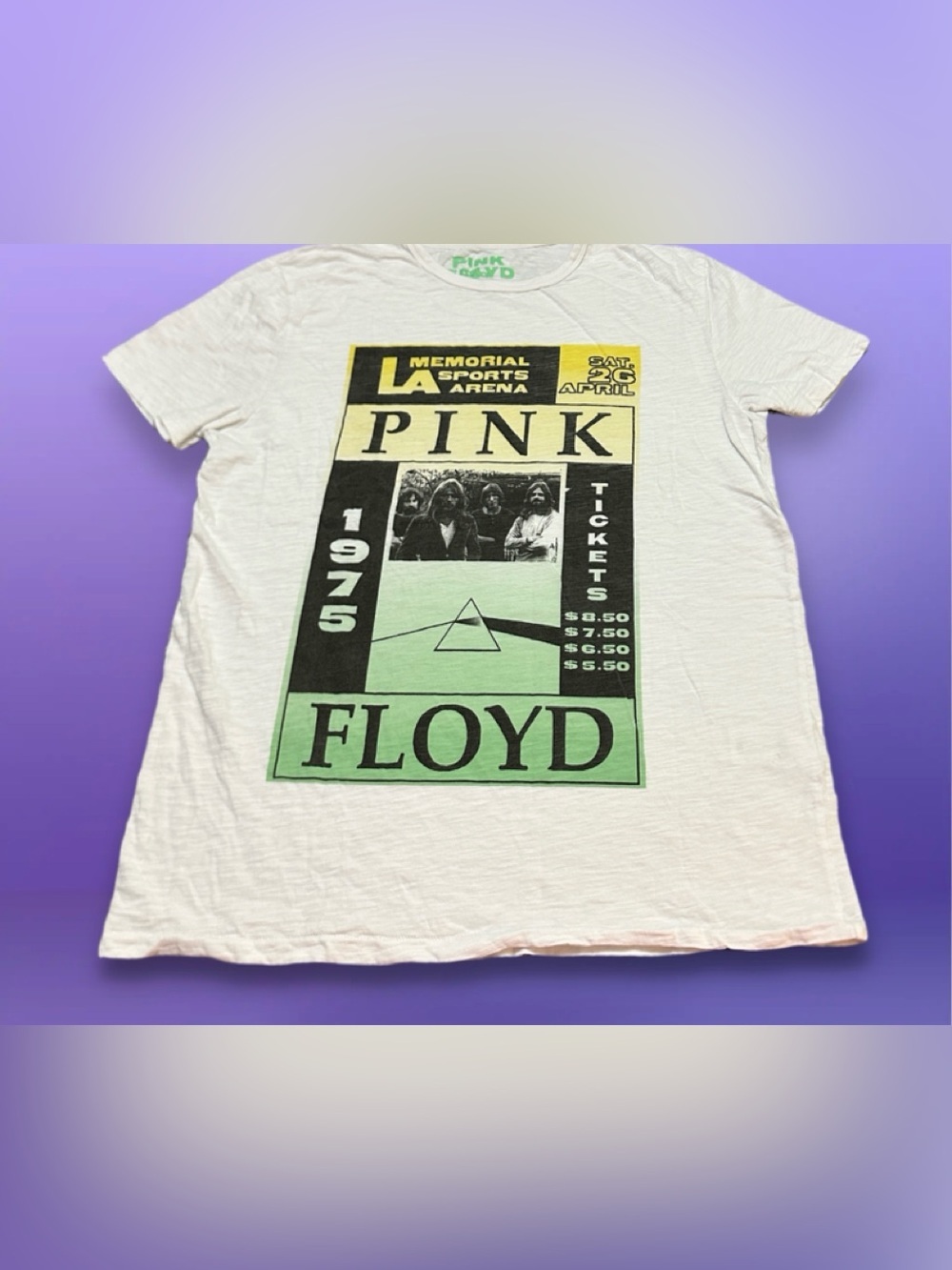Pink Floyd  1975 Vintage White Tee with Yellow & Mint Green Tour Graphic M